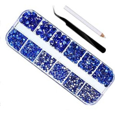 Sagasave Pack of 2000 Rhinestones for Nails - Kristāli nagiem Plakana aizmugure nagu mākslas Rhinestones 6 izmēros 1,5-6 mm Uzglabāts 12 nodalījumu kastē - tumši zils