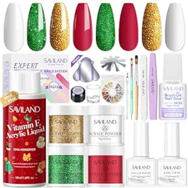 Saviland Ziemassvētku akrila nagu komplekts: 4 krāsu akrila pulvera nagu komplekts ar EMA monomēru akrila šķidrā akrila nagu birste Dotting Pen PH Bonder Top Gel Akrila nagu Rhinestones nagu salona lietošana