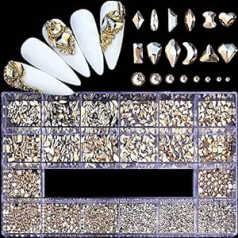 Hoinco Nail Art Rhinestone komplekts 3100 gabali, 3D Mix Nagu mākslas Rhinestones Īpašas formas dimanta kristāli Rhinestone Naglas akrila nagiem, Nagu Rhinestones kristāla Rhinestone Box komplekts ar urbi