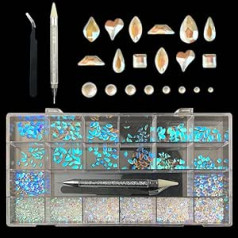 ‎Naabhika 21 Grids Box Luksusa spīdīgs Diamond Nail Art Rhinestones komplekts Kristāla stikla dekoru komplekts 1 gabals Dotting Pick Up Pildspalva un pincete-Aurora 2740gab.