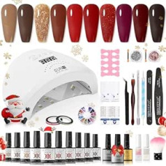 Rstyle UV Nail Polish Set Starter Set with Lamp 72 W UV/LED, 10 Colours Christmas Red Brown Gel Nail Polish Set with Base & Top Matte Coat, 15 Pieces Nail Polish Gel Nails Starter Set Soak Off Nail