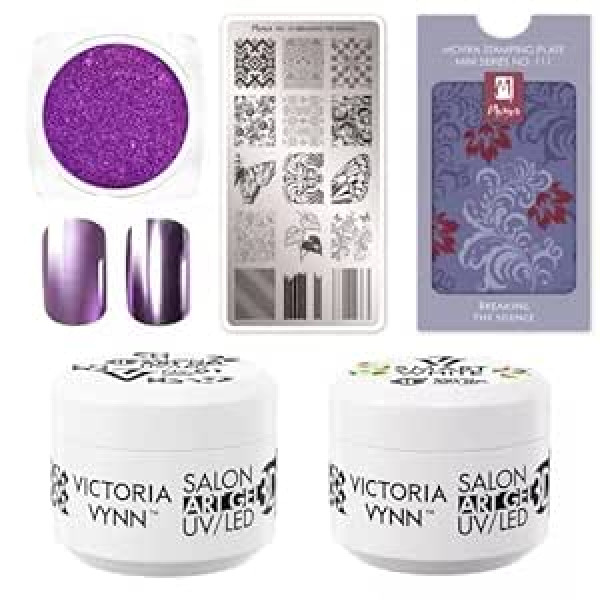 ‎Generic Versatile nail art set: Moyra stamp, 3D UV/LED art gels in white and lilac, metallic effect - perfect for creative nail designs