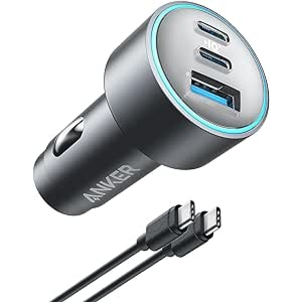 Anker USB-C 535 automašīnas lādētājs, 67 W automašīnas lādētājs, automašīnas ātrais lādētājs ar 3 pieslēgvietām, PIQ 3.0 tālruņiem iPhone 15/15 Plus/15 Pro/15 Pro Max, Galaxy S23, MacBook Pro, iPad Air un citi (iekļauts kabelis)