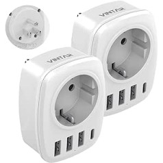 VINTAR 2 x ceļojumu adapteris ASV, adapteris ASV Vācija Plug 5 in 1 Socket Adapter Travel Plug Strāvas adapteris ar 3 USB-A un 1 USB-C ASV adaptera ligzda Amerikai Kanāda Meksika Taizeme