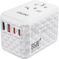 LENCENT 65 W universālais ceļojumu adapteris, ligzdas adapteris ar 2 USB-A un 3 USB-C spraudņiem, ātra uzlāde iPhone tālruņiem, mobilajiem tālruņiem, klēpjdatoriem, starptautiskā ceļojuma spraudnis Lielbritānijai, ES, AU, ASV ligzdām, bal