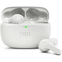 JBL Wave Beam bezvadu in-ear austiņas ar IP54 un IPX2 ūdensnecaurlaidību — brīvroku funkcija un 32 stundu akumulatora darbības laiks — baltas