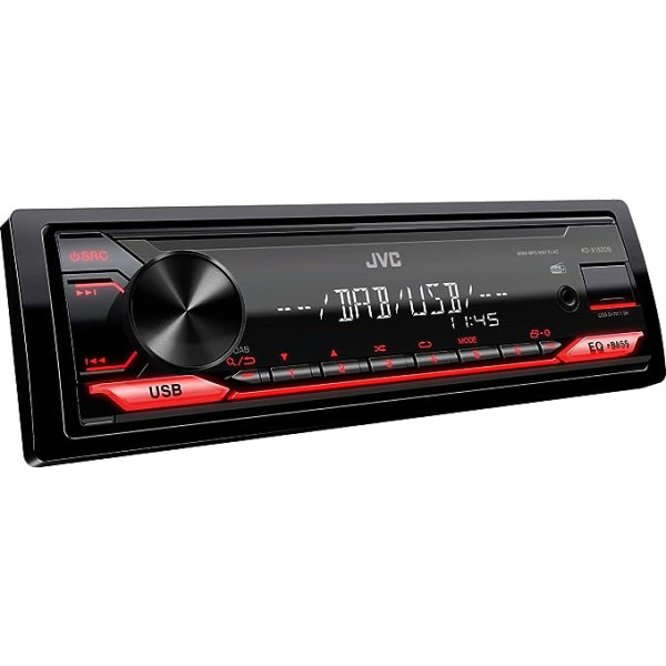 JVC KD-X182DB USB automašīnas radio ar DAB+ (USB, AUX-In, 1 x Pre-Out 2,5 V, skaņas procesors, 4 x 50 W, sarkans pogas indikators), melns