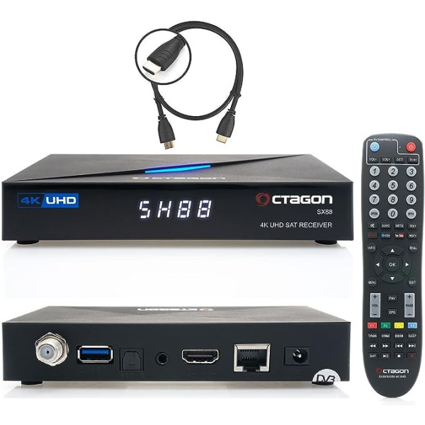 Octagon SX88 4K Linux satelīta uztvērējs + HM-SAT HDMI kabelis, ar PVR ierakstīšanas funkciju, UHD viedtelevīzijas straumēšanas kaste, no satelīta uz IP, Unicable, multivides bibliotēka, YouTube, interneta radio, HDR HLG Multistream