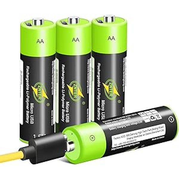 AA akumulators [iepakojumā pa 4], uzlādējamas Micro USB Double A litija baterijas 1,5 V / 1250 mAh, 1,5 h ātrās uzlādes atkārtoti uzlādējamas baterijas, nav NI-MH/NI-CD/sārma akumulatori, videi draudzīgi/3000 cikli