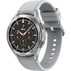 Samsung Galaxy Watch4 Classic, apaļš Bluetooth viedpulkstenis, Wear OS, rotējošs rāmis, fitnesa pulkstenis, fitnesa izsekotājs, 46 mm, sudraba krāsa (vācu versija)