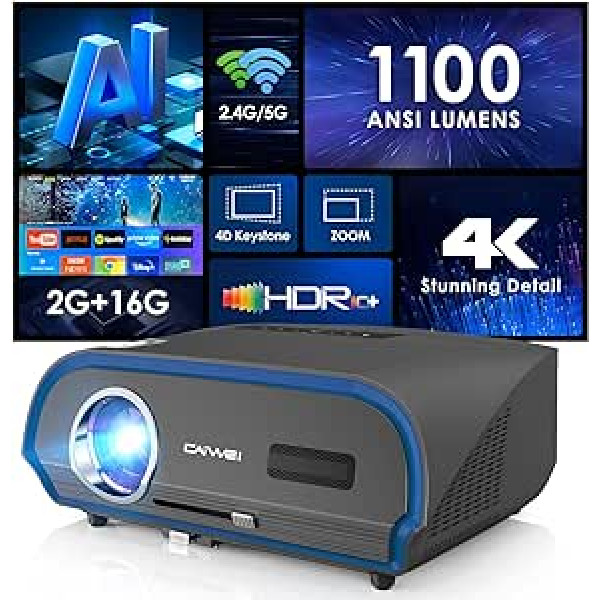 4K projektors Smart Android 9.0 Netflix Airplay WLAN, 1100 ANSI lūmeni 5G WiFi Bluetooth LED projektors FHD 1080P Native mājas kinozāles griestiem dienasgaismā 1920 x 1080 LCD projektors ar trapeces korekciju