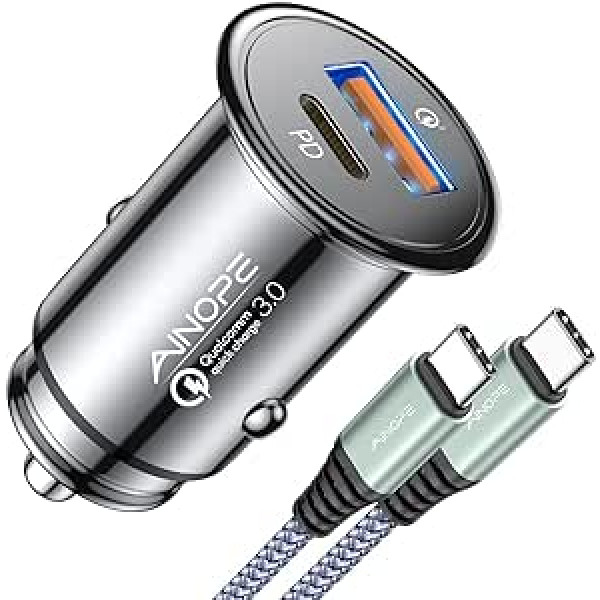 AINOPE PD&QC 3.0 cigarešu šķiltavas USB C automašīnas lādētājs 67,5 W ātrs metāla automašīnas lādētājs USB C adapteris Automašīnas piederumi [ar USB C-C kabeli] Savietojams ar iPhone 15 Pro Max Plus 14, iPad, Samsung