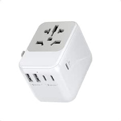 Travel Adapter Worldwide USB C PD Charger with 2 USB and 3 USB-C, International Universal Socket Adapter, Global Travel Plug Adapter with Double 10A Fuse, Suitable for EU, USA, UK, AU