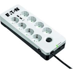 Eaton Protection Box 8 Tel@ USB DIN Power Strip with Surge Protection (8-Way Schuko Socket, Switchable, Phone Protection and USB Outputs) - White