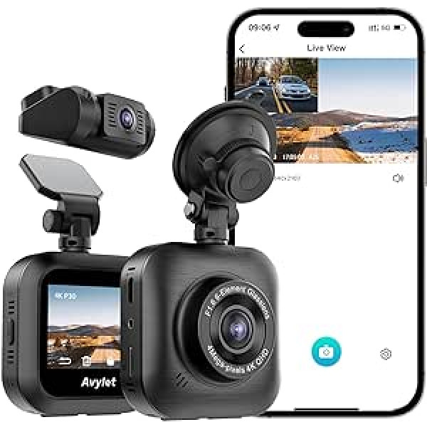 Dashcam automašīna ar priekšējo aizmugurējo 4K, dubultā WiFi automašīnas kamera ar cilpas ierakstīšanu, lietotņu vadība, 170° platleņķis un īpaši nakts redzamība, WDR, G sensors, 24 stundu stāvvietas uzraudzība/kustības noteikšana, s