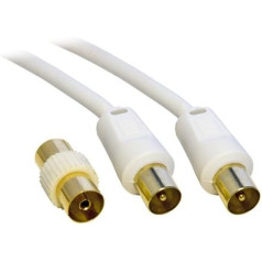 5M Metre TV VCR Video Aerial Coaxial Fly Lead / Cable Male to Male White + Female Coupler - Gold