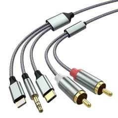 RCA kabelis tālrunim, 2 RCA līdz 3.5/Lightning Jack kabelis, USB tipa C līdz 2 RCA audio kabelis (trīs vienā RCA) tālrunim, planšetdatoram, personālajam datoram, MP3 atskaņotājam, podam, pastiprinātājam, skaļrunim, savietojams ar Lightning