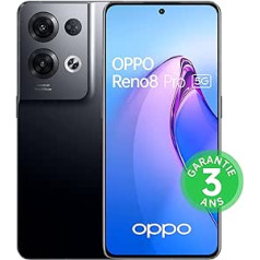 OPPO Reno 8 Pro viedtālrunis 5G, 8 GB RAM + 256 GB, trīskāršs fotoattēlu sensors 64 MP, priekšējais 32 MP, AMOLED displejs 120 Hz 6,7 collas, akumulators 4500 mAh + ātra uzlāde 80 W, spīdīgi melna [FR versija]