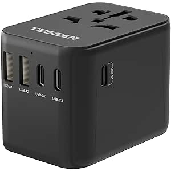 TESSAN ceļojumu adapteris visā pasaulē, universāls ceļojumu adapteris ar 2 USB un 3 USB C, melns starptautiskais ligzdas adapteris, ceļojumu spraudņa adapteris visā pasaulē Vācijai, ASV, Anglijai, Taizemei, Itālijai