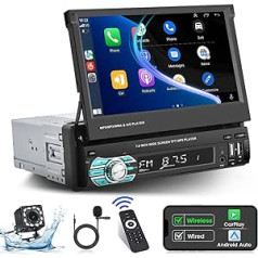 Automašīnas radio 1 Din Wireless Carplay Android automašīna ar izvelkamo 7 collu ekrānu automašīnas radio stereo ar Bluetooth brīvroku sistēmu USB tipa C saskarne AUX FM RDS spoguļsaites atpakaļgaitas kamera