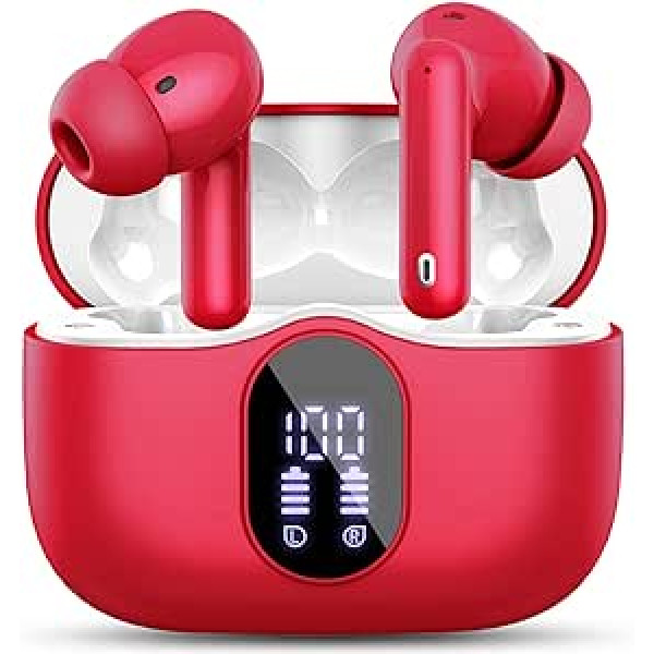 Bluetooth austiņas, bezvadu Bluetooth 5.3 Sport In Ear, ar 4 mikrofoniem, 40 stundu atskaņošanas laiks, LED displejs, ENC trokšņu samazināšana, HiFi stereo austiņas darbam un mācībām, sarkanas austiņas