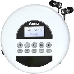 KLIM Nomad - Portable CD Player Discman with Long Lasting Battery - Includes Headphones - Compatible with CD-R, CD-RW, MP3 - With TF Reader, Radio FM, Bluetooth - Ideal for Cars - White