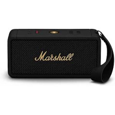 Marshall Middleton bezvadu portatīvais Bluetooth skaļrunis, pārnēsājams vairāk nekā 20 stundu atskaņošanas laiks, ūdensizturīgs IP67 — melns un misiņš