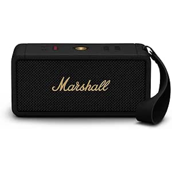 Marshall Middleton bezvadu portatīvais Bluetooth skaļrunis, pārnēsājams vairāk nekā 20 stundu atskaņošanas laiks, ūdensizturīgs IP67 — melns un misiņš