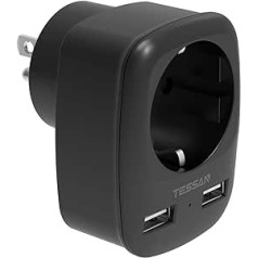 TESSAN ceļojumu adapteris ASV adapteris Amerika Vācija Spraudnis ar 2 USB ASV ligzdas adapteris Travel Plug Barošanas adapteris ASV Kanādai Taizeme Meksika Sienas lādētāja uzlādes stacijas adapteris ASV melns