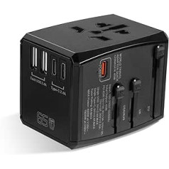 Worldwide Travel Adapter, Built-in USB-C PD 65W Fast Charging with 2 USB-C and 2 USB-A All-in-One International Adapter Universal Socket with EU-UK-US AU Plugs for Multiple Countries