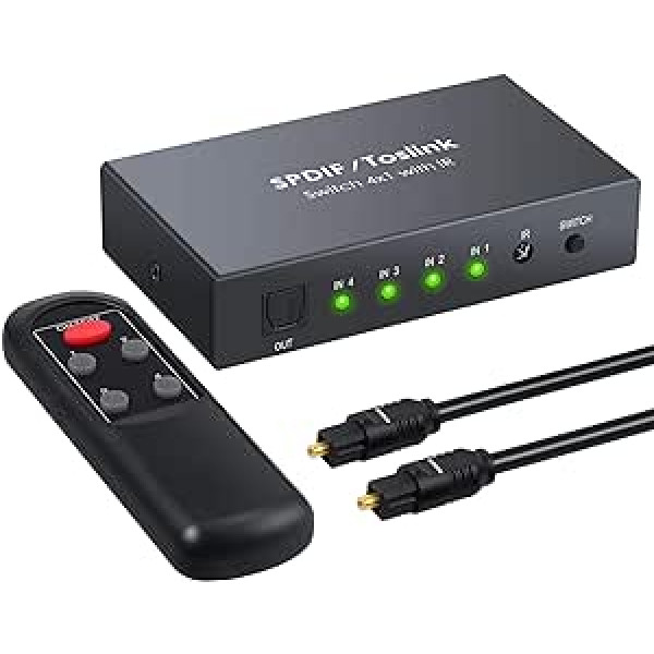 LiNKFOR digitālais optiskais audio slēdzis 4 vienā izvadā SPDIF Toslink komutators ar infrasarkano staru tālvadības pulti Atbalsta PCM2.0 DTS Dolby-AC3 PS3, PS4, Blu-ray atskaņotājam, kabeļtelevīzijai, HDTV