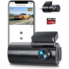 Dash Cam Car priekšējā aizmugurējā 4K/2.5K Dual Dash Cam ar 64GB SD karti, WiFi automašīnas kameru, Super Night Vision, WDR, 170° platleņķi, G-sensoru, cilpas ierakstīšanu, lietotņu vadība, 24 stundu stāvvietas uzraudzība, maks.