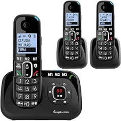 Amplicomms BigTel 1583 bezvadu tālrunis ar lielām pogām vecāka gadagājuma cilvēkiem / vecāka gadagājuma cilvēkiem, tālrunis ar automātisko atbildētāju plus 2 papildu klausules