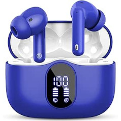 Bluetooth austiņas, bezvadu Bluetooth 5.3 Sport In Ear, ar 4 mikrofoniem, 40 stundu atskaņošanas laiks, LED displejs, ENC trokšņu samazināšana, HiFi stereo austiņas darbam un mācībām, zilas austiņas