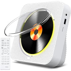 KOVCDVI CD atskaņotājs ar radio CD atskaņotāju Bluetooth 5.1 ar 5 W divu skaļruņu atskaņošanas gaismu tālvadības pults aizsardzība pret putekļiem Displejs FM radio taimeris Austiņas USB/SD karte/AUX atskaņošana balts