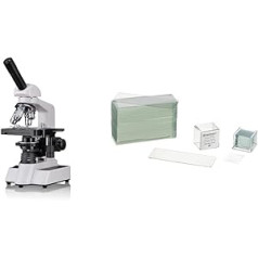 Bresser Augstas kvalitātes monokulārs caurspīdīgs mikroskops, Erudit DLX 40x-1000x palielinājums, koaksiālais šķērsgalds un mikroskopa priekšmetstikliņu/pārsegu stikli (50x/100x) ar slīpētām malām izveidei