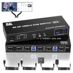 8K Displayport KVM Switch 2 PC 2 Monitore USB 3.0 KVM Switches für 2 Computer teilen sich 2 Monitore und 3 USB 3.0 Geräte Unterstützung DP 1.4/8K@60Hz/4K@120Hz