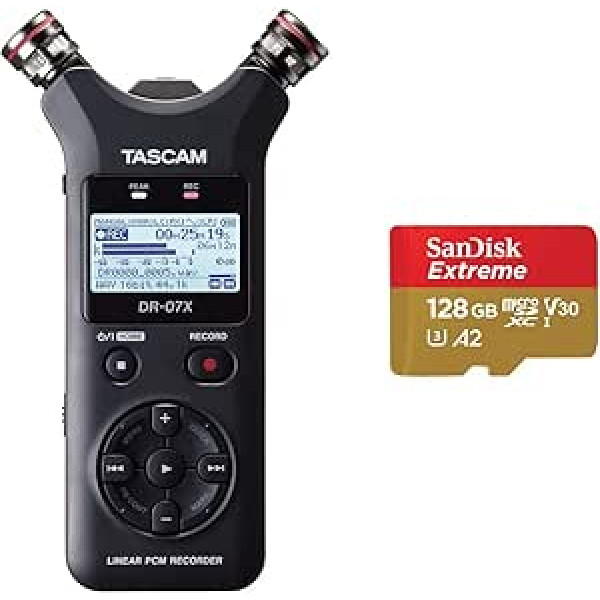 Tascam DR-07X Portable Audio Recorder & SanDisk Extreme microSDXC UHS-I Memory Card 128GB + Adapter (for Smartphones, Action Cameras and Drones, A2, C10, V30, U3, 190MB/s Transmission)