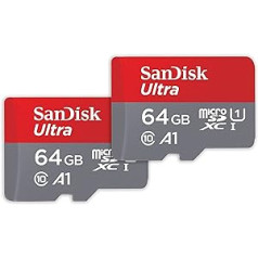 SanDisk Ultra microSDXC UHS-I atmiņas karte 64 GB + SD adapteris pa 2 pack (paredzēts viedtālruņiem un planšetdatoriem, A1, 10. klase, U1, Full HD videoklipi, lasīšanas ātrums līdz 140 MB/s)