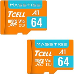 TCELL MASSTIGE 64 GB A1 UHS-I U1 V10 Micro SDXC atmiņas karte ar adapteri — lasāma līdz 100 MB/s Full HD — 2 iepakojumā