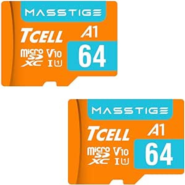 TCELL MASSTIGE 64 GB A1 UHS-I U1 V10 Micro SDXC atmiņas karte ar adapteri — lasāma līdz 100 MB/s Full HD — 2 iepakojumā