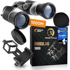 Adlerer Focus binokļi 10 x 50 pieaugušajiem [Eagle Eye Technology] 22 mm HD Eyecup BAK4+FMC Field Picker briļļu nēsātājiem, ceļojumiem, pārgājieniem, medībām, putnu vērošanai