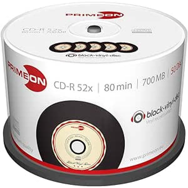 Primeon CD-R 80 min/700 MB/52 x Cakebox (50 diski), melna-vinila diska virsma, schwarz, bēša, puvi, 700 MB