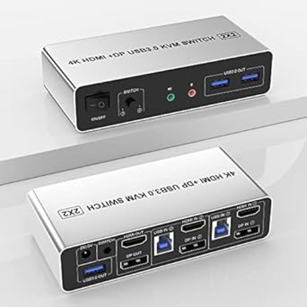 USB 3.0 DisplayPort + HDMI divu monitoru KVM slēdzis 2 datoriem 4K @ 60 Hz paplašinātais displejs 2 porti KVM slēdzis 2 monitori 2 datori ar audio mikrofona izvadi un 3 USB 3.0, datora monitors KVM