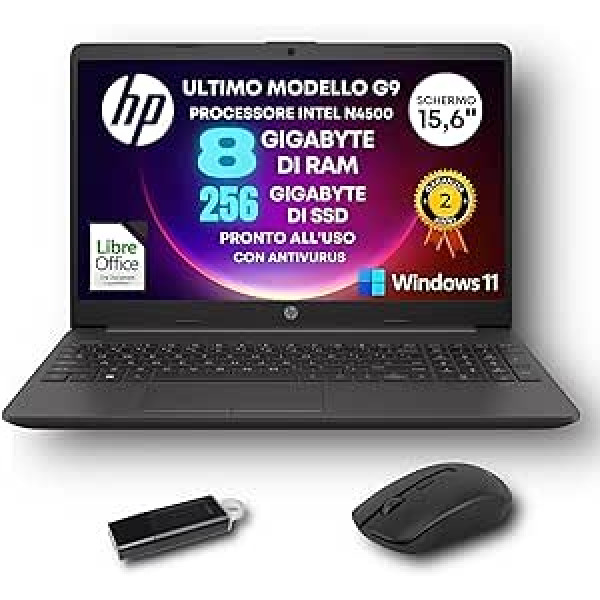 HP G9 piezīmjdators, piezīmjdators, Intel n4500, 2,8 GHz, HD displejs, 15,6 Zoll RAM, 8 GB DDR4, 256 GB, Bt, Win11 Pro, Libre Office, gebrauchsfertig, Mouse WLAN + PenDRIVE iekļauts