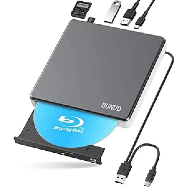 Ārējais Blu-ray diskdzinis USB 3.0 Type-C pārnēsājams CD DVD Blu-ray rakstītājs Plāns Bluray diska rakstītājs Ārējais klēpjdatoram Windows 11/10 Mac MacBook Pro/Air iMac