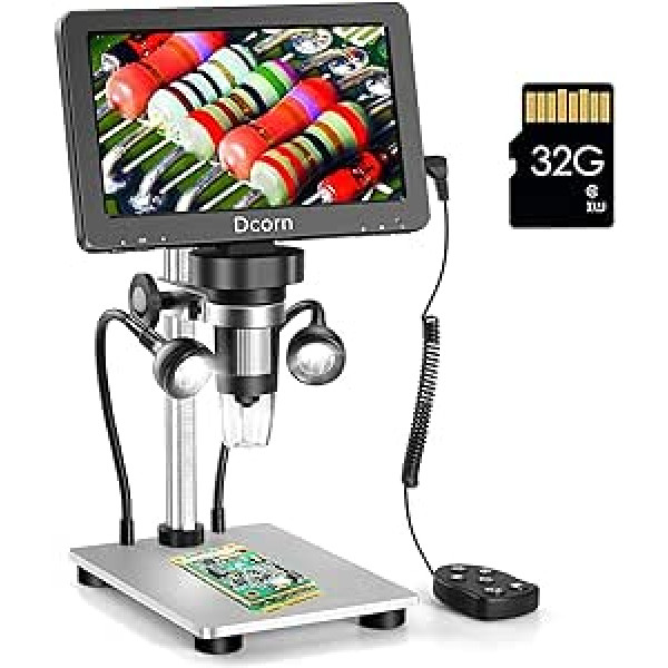 Dcorn 7 collu LCD digitālais mikroskops 1200X, 12MP 1080P mikroskops pieaugušajiem monētu lodēšanai, LCD mikroskops ar ekrāna mikroskopu ar 10 LED uzpildes gaismām, saderīgs ar Windows/Mac, 32GB TF karte