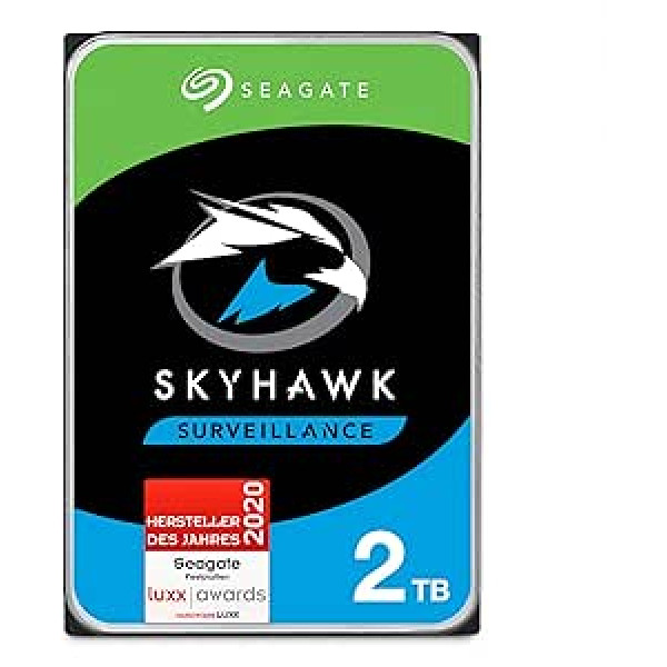 Seagate SkyHawk 2TB interne Festplatte HDD, Videoaufnahme bis zu 64 Kameras, 3,5 Zoll, 64 MB kešatmiņa, SATA 6GB/s, silber, FFP, inkl. 3 Jahre Rescue Service, modeļa nr.: ST2000VXZ08