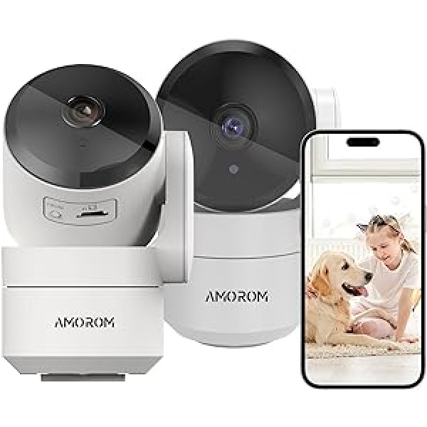 AMOROM WiFi iekštelpu novērošanas kamera, 2 pack, 360 grādu kameru novērošana ar panorāmu/slīpu, nakts redzamība, divvirzienu audio, kustības noteikšana, darbojas ar Alexa/Google Assistant, 2,4 G WiFi