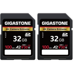 Gigastone A2 V30 32GB SDHC atmiņas karte 2 pack 4K Extreme kameras ātrums 100MB/s Savietojams ar Canon Nikon Sony Panasonic U3 UHS-I C10 4K UHD video ar 2 mini futrāļiem